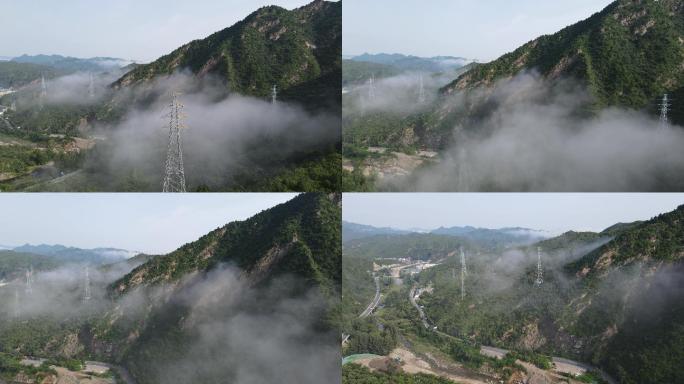 航拍北京密云山区云雾、电线杆塔
