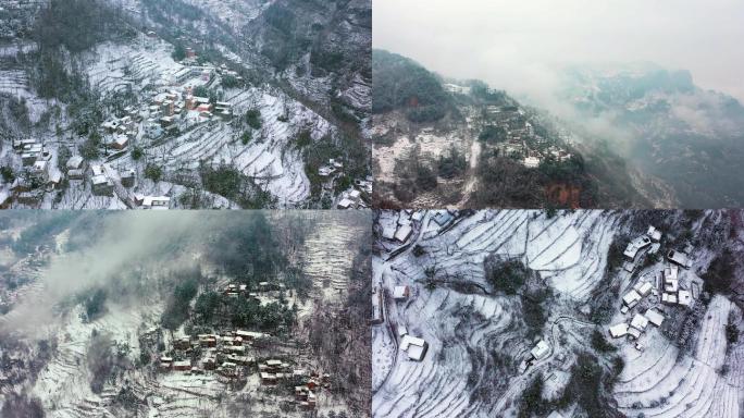 4K航拍云南昭通巧家县火地村山区大雪封山