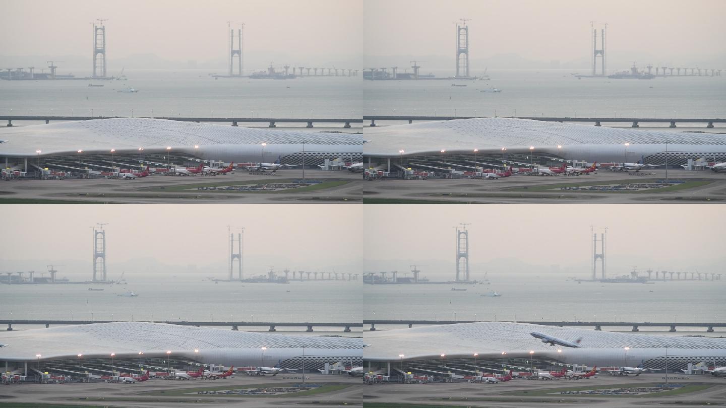 大飞机机场跑道滑行起飞掠过深中大桥全过程
