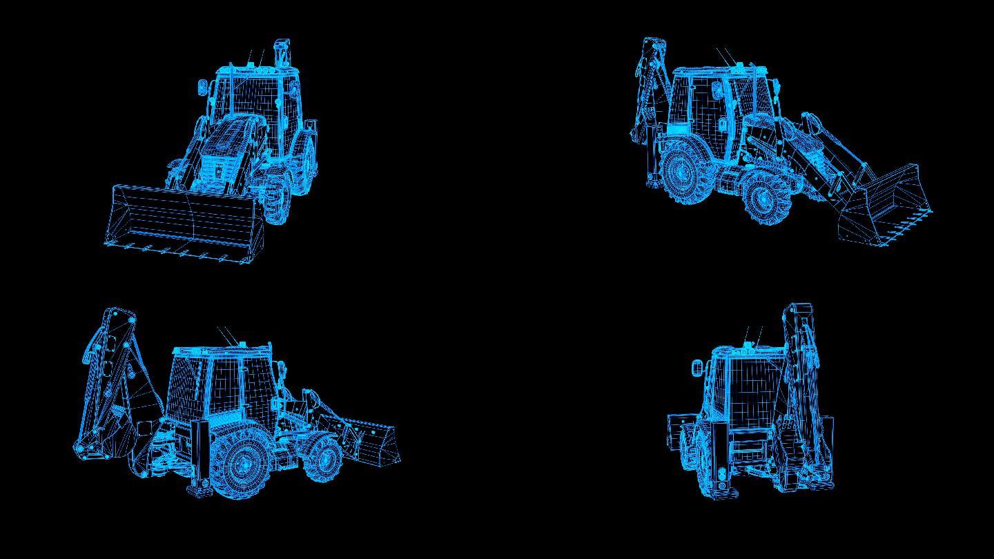 蓝色全息科技线框轮式工程车旋转带通道