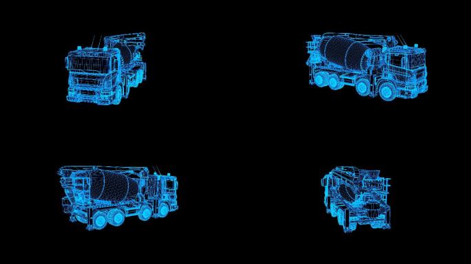 蓝色全息科技线框混凝土搅拌车旋转带通道