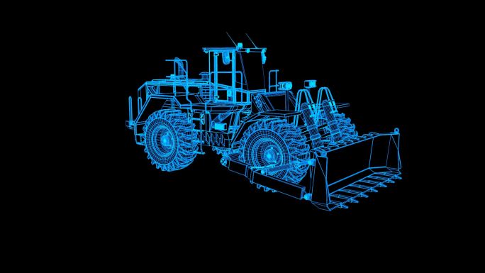 蓝色全息科技线框轮式推土机旋转带通道