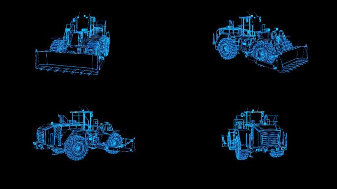 蓝色全息科技线框轮式推土机旋转带通道