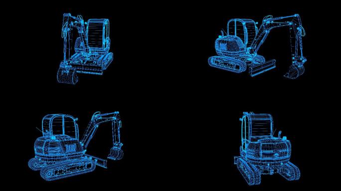 蓝色全息科技线框小型履带挖机循环带通道