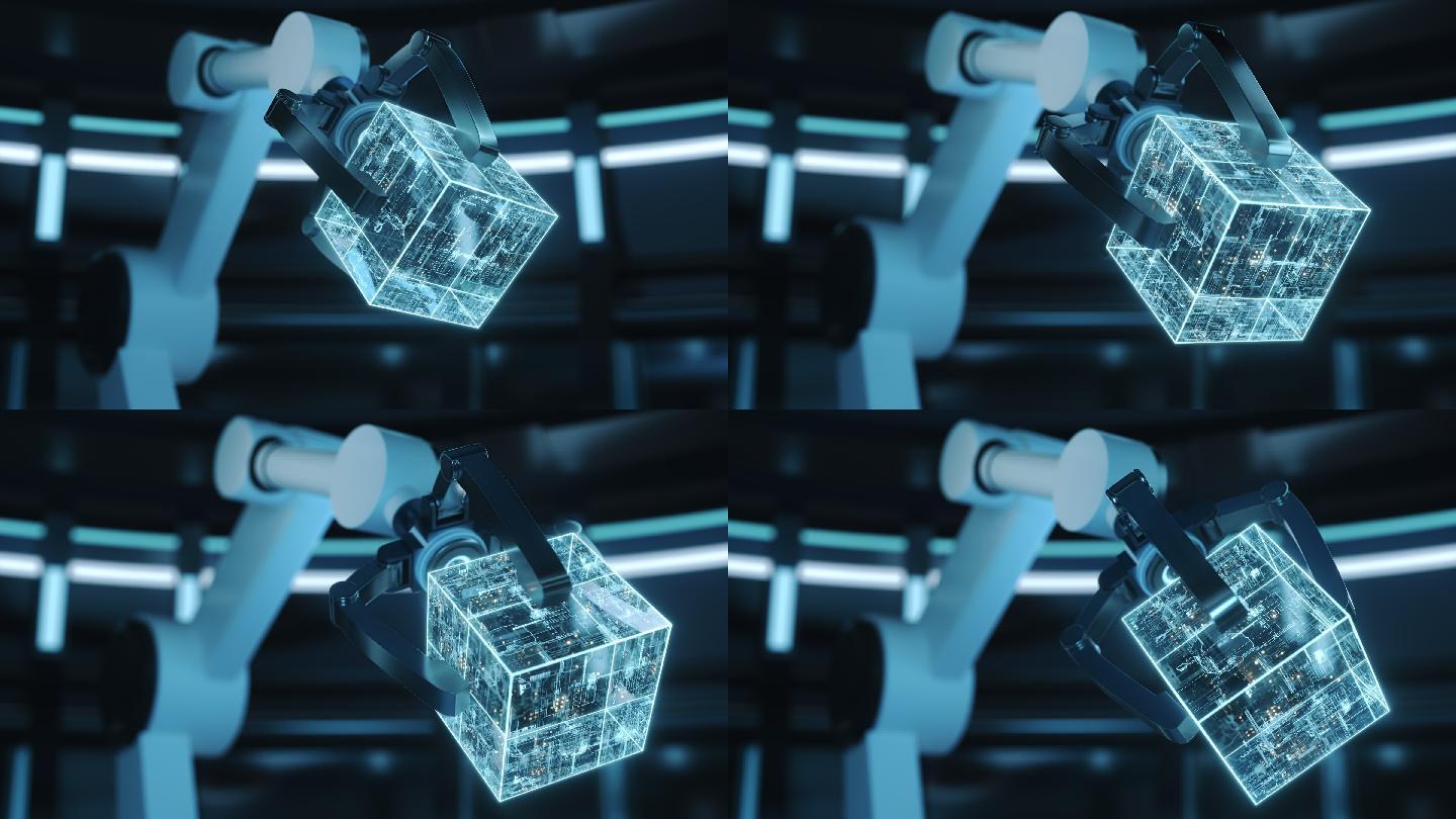 智能制造科幻感机械手臂与芯片动画3D渲染