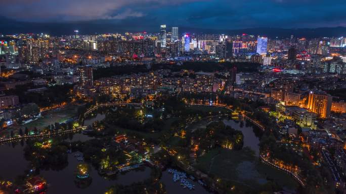 昆明翠湖夜景大范围航拍延时4k