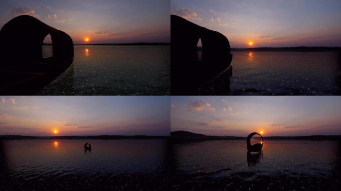 夕阳湖面渔船，水面波光粼粼