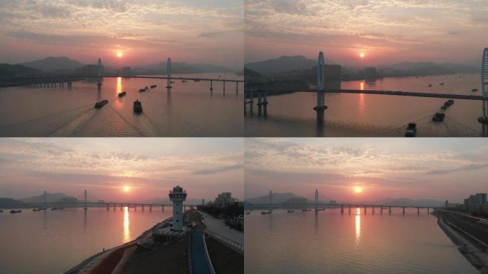 肇庆、西江、阅江大桥、唯美日落、货船穿梭