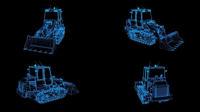 蓝色全息科技线框履带式推土机旋转带通道