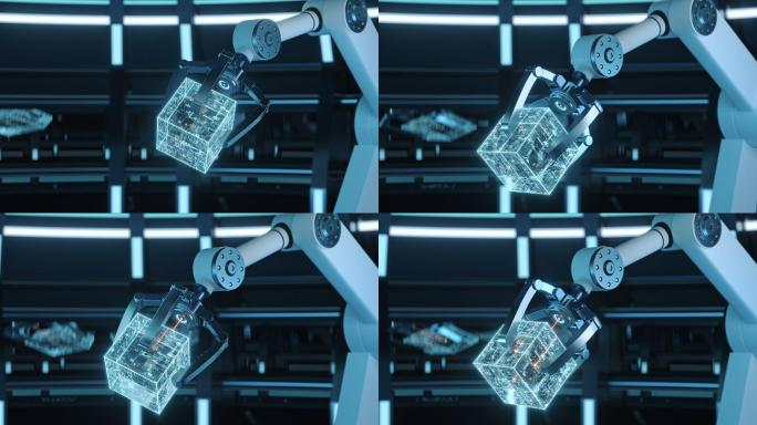 智能制造科幻感机械手臂与芯片动画3D渲染