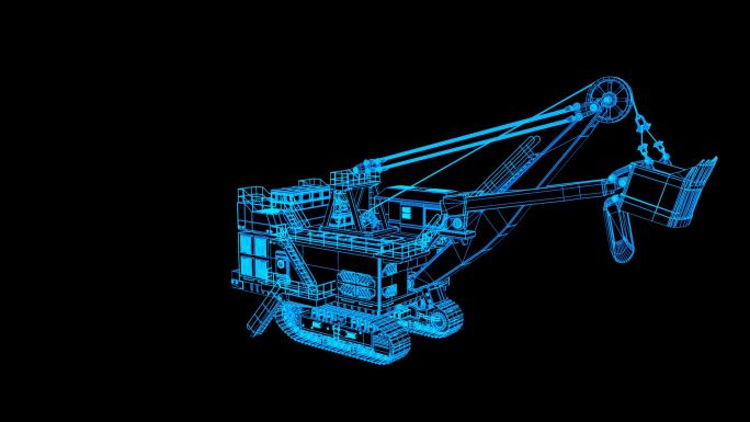 蓝色全息科技线框巨型挖机旋转带通道