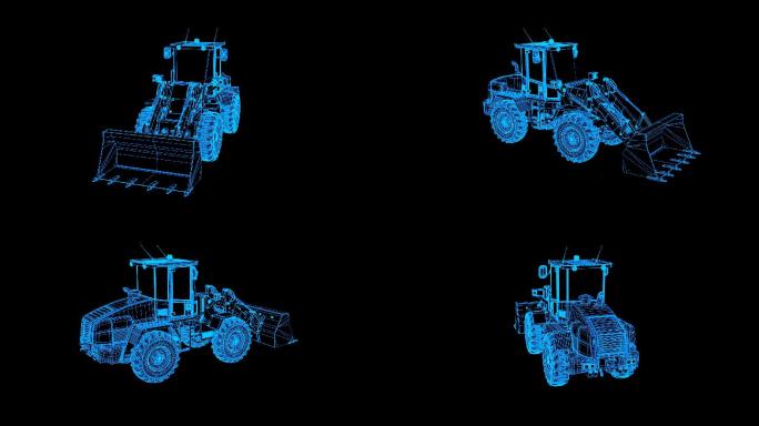 蓝色全息科技线框轮式铲车旋转带通道