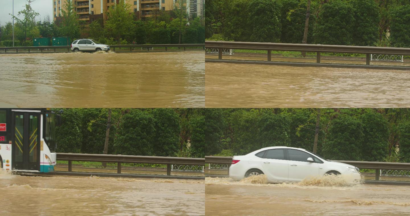 城市洪水，汽车驶过溅起水花