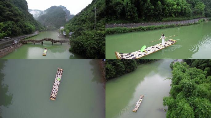 4K三峡竹海水上划竹筏航拍美景视频素材