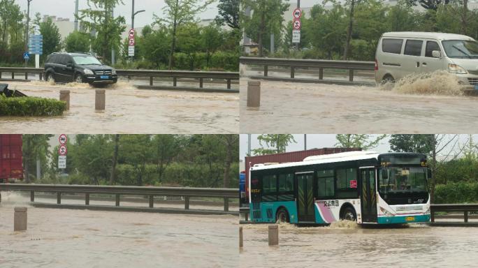 暴雨后的公交车私家车出租车