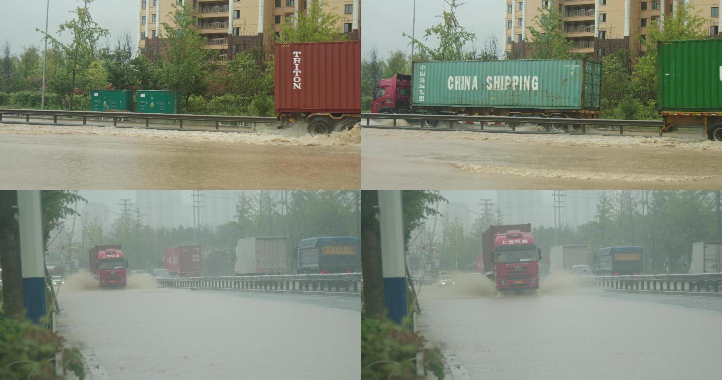 暴雨中穿行的集装箱车