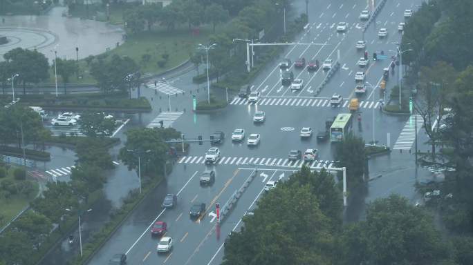 雨中的城市忙碌的人群过马路斑马线4K