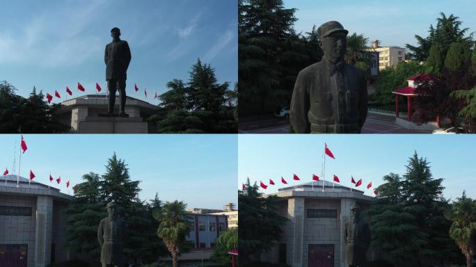 彭雪枫纪念馆雕像航拍蓝天白云红军