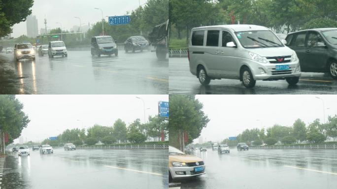 暴雨中行驶的汽车，城市车流