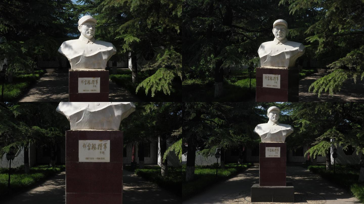 彭雪枫纪念馆雕像全景近景航拍松树