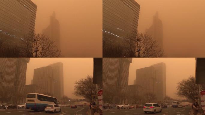 北京沙尘天气下的交通和建筑物