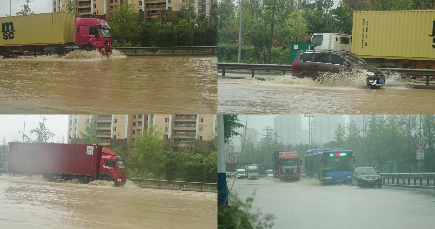 暴雨中集装箱车艰难行驶，溅起水花