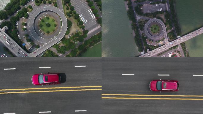 红色汽车行驶俯拍交通道路俯拍立交桥俯拍