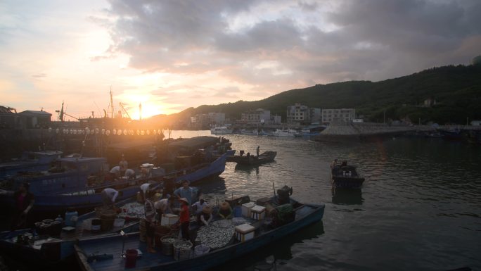 海边渔民装鱼收获渔船日出