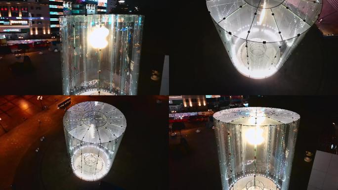 4K重庆步行街苹果零售店夜景航拍空镜