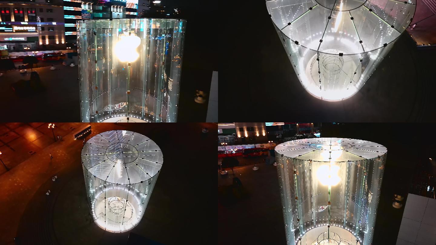 4K重庆步行街苹果零售店夜景航拍空镜