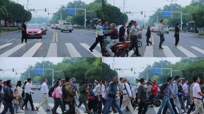 交警人行横道带行人过马路