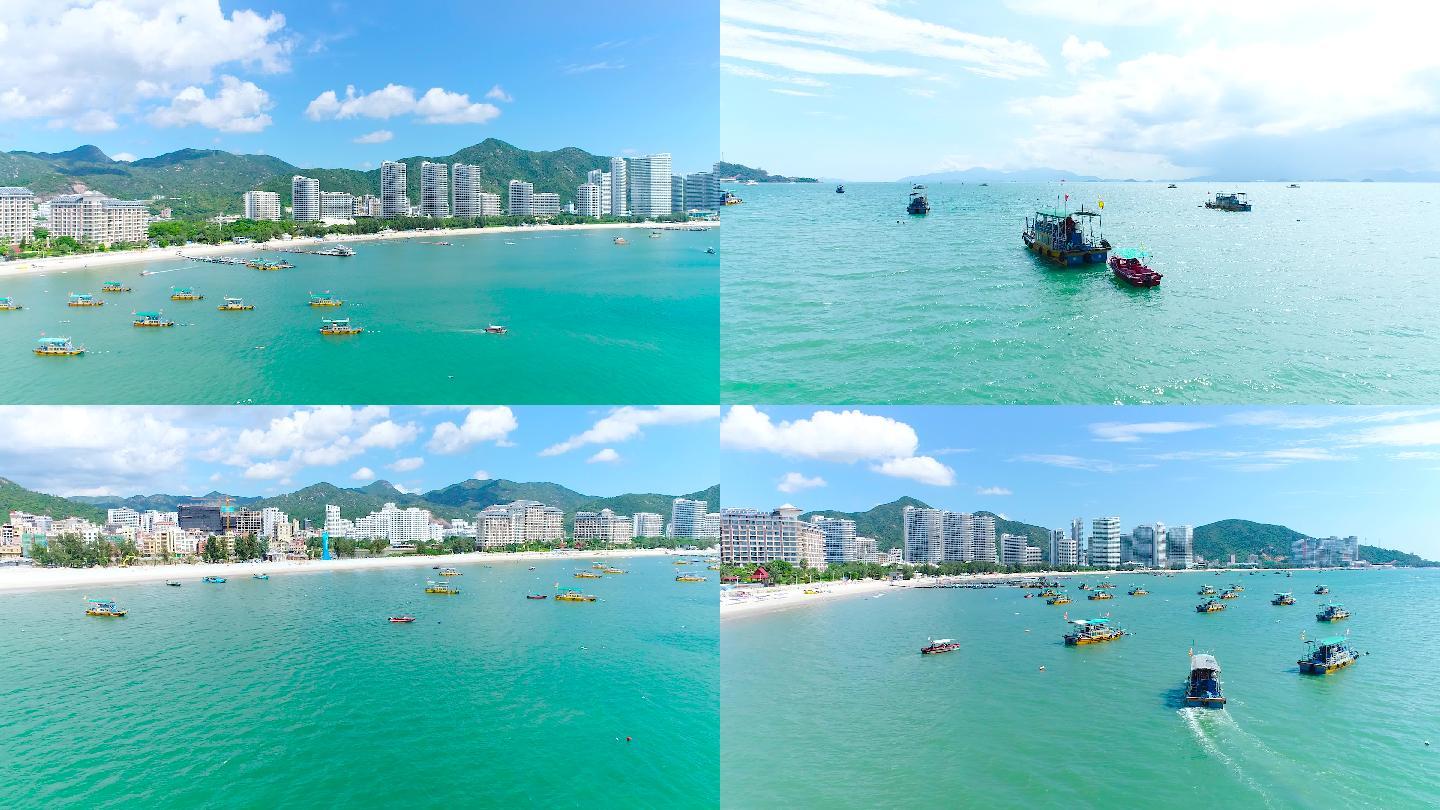 惠州巽寮湾海边蓝天白云航拍渔船码头