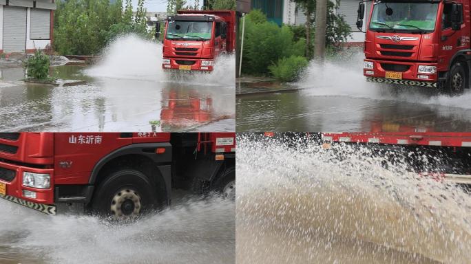 重型卡车通过路面积水慢镜头