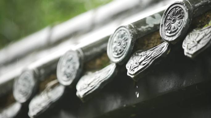 下雨天站在复古屋檐下赏雨，绿叶和小雨