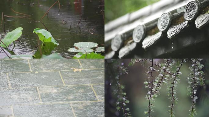 下雨天站在复古屋檐下赏雨，绿叶和小雨