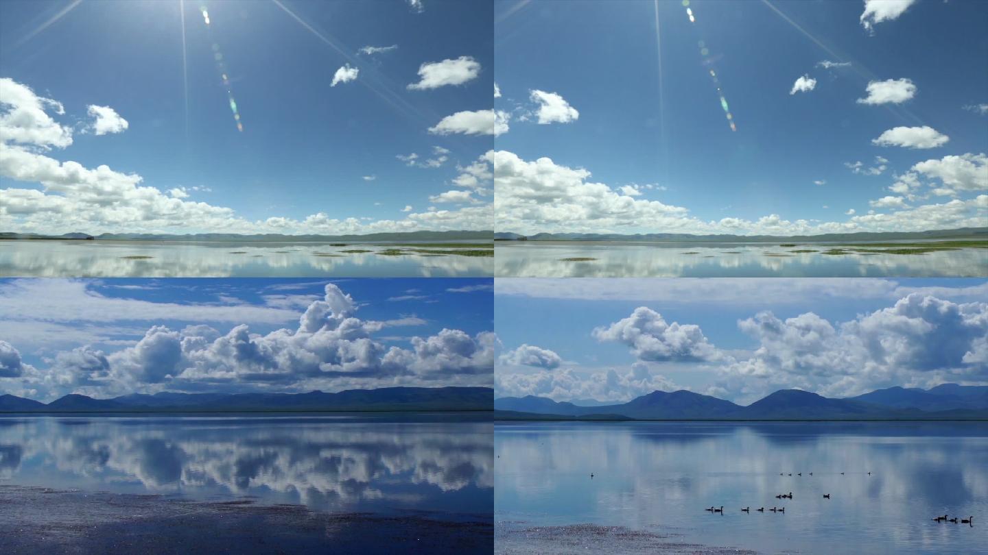 实拍甘南尕海湖风景天空湖水云朵阳光