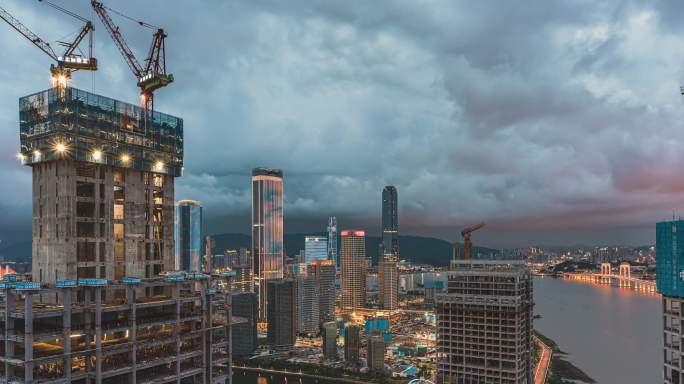 珠海横琴城市建筑日转夜风云变化闪电素材