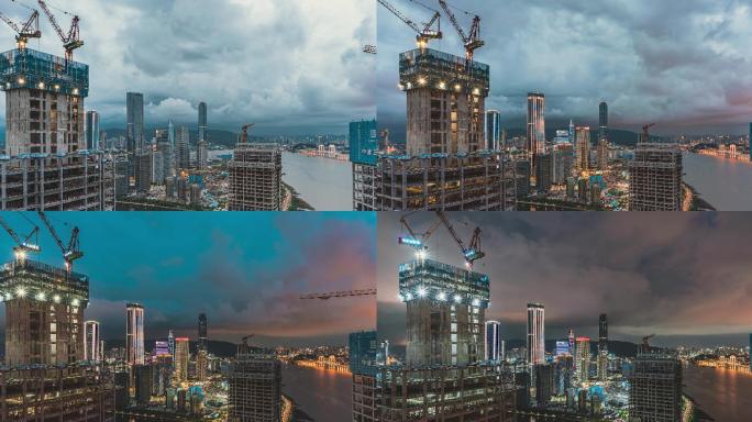 珠海横琴城市建筑日转夜风云变化闪电素材