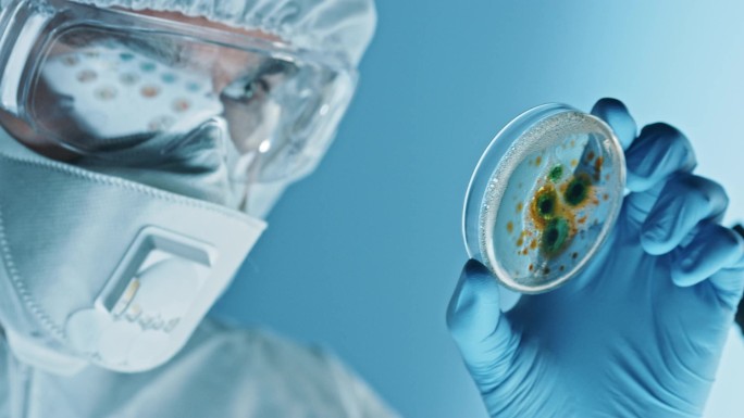 穿着防护服的科学家研究细菌培养皿