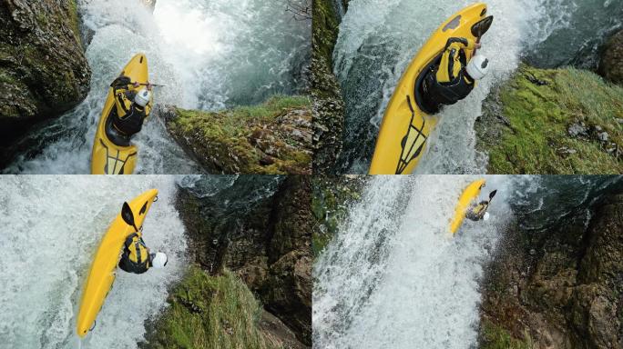 一艘皮艇划过瀑布挑战极限运动冲浪极限漂流