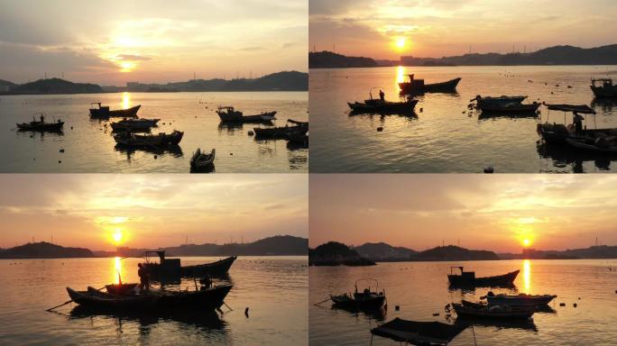 最美海边落日，渔民收网视频素材，航拍日落