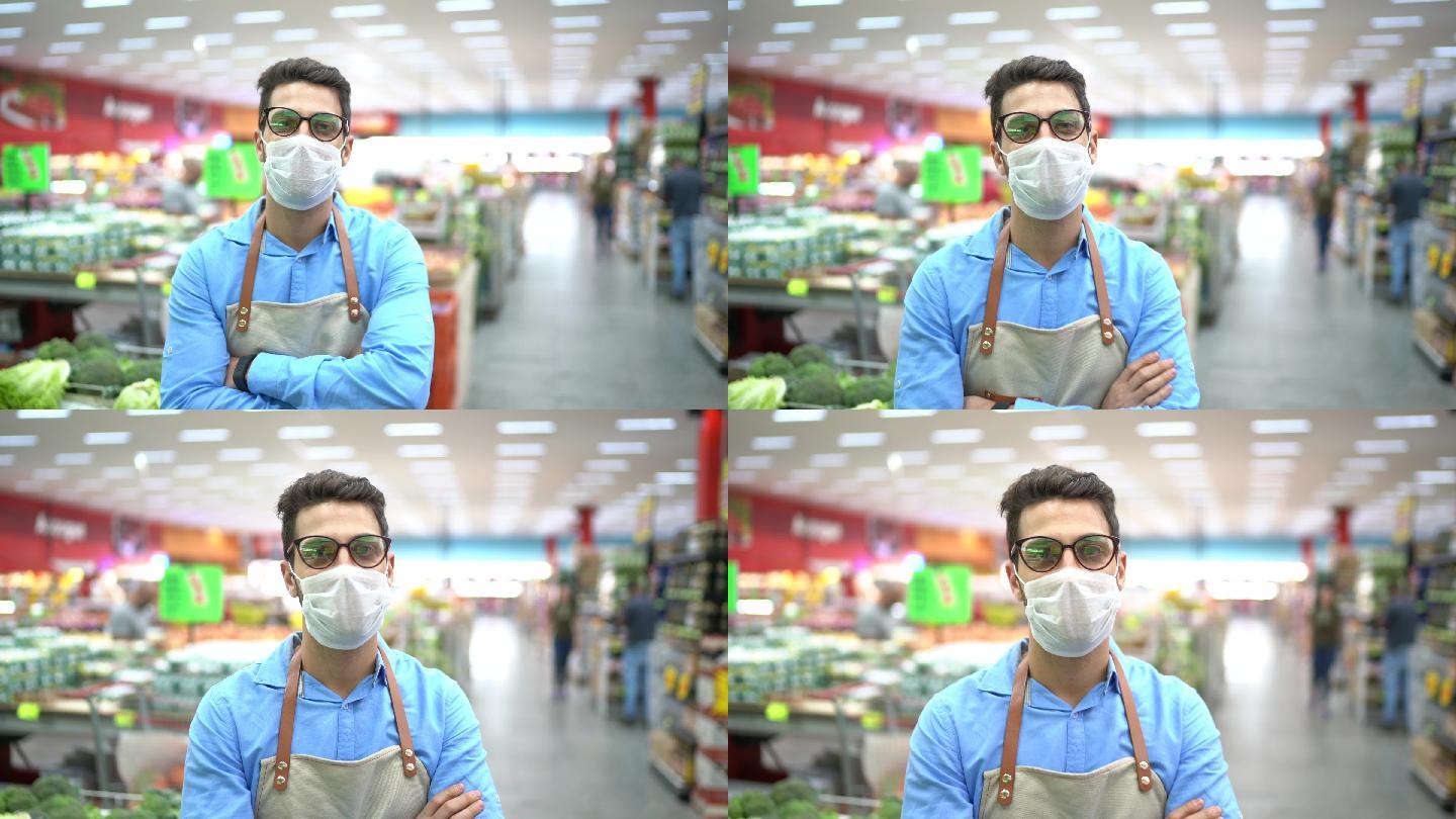 超市里戴着口罩的年轻员工