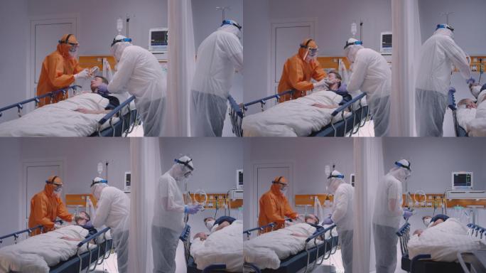 医生给患有冠状病毒的病人戴上氧气面罩