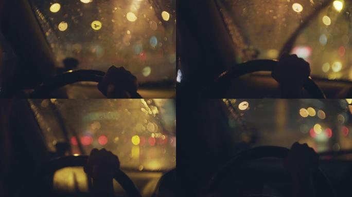 晚上在雨中开车的女人