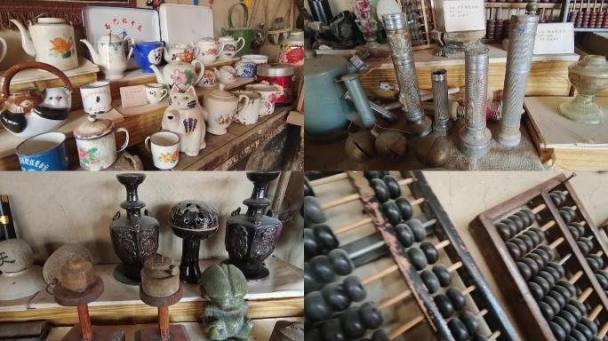 家什老物件，茶壶茶缸、算盘、手电筒、油灯