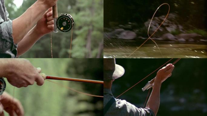 钓鱼特写慢镜头、山间溪流钓鱼