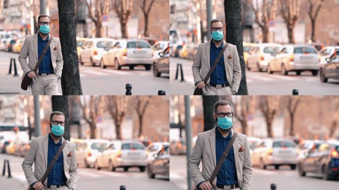 戴口罩的男子有毒物质面具污染耳机