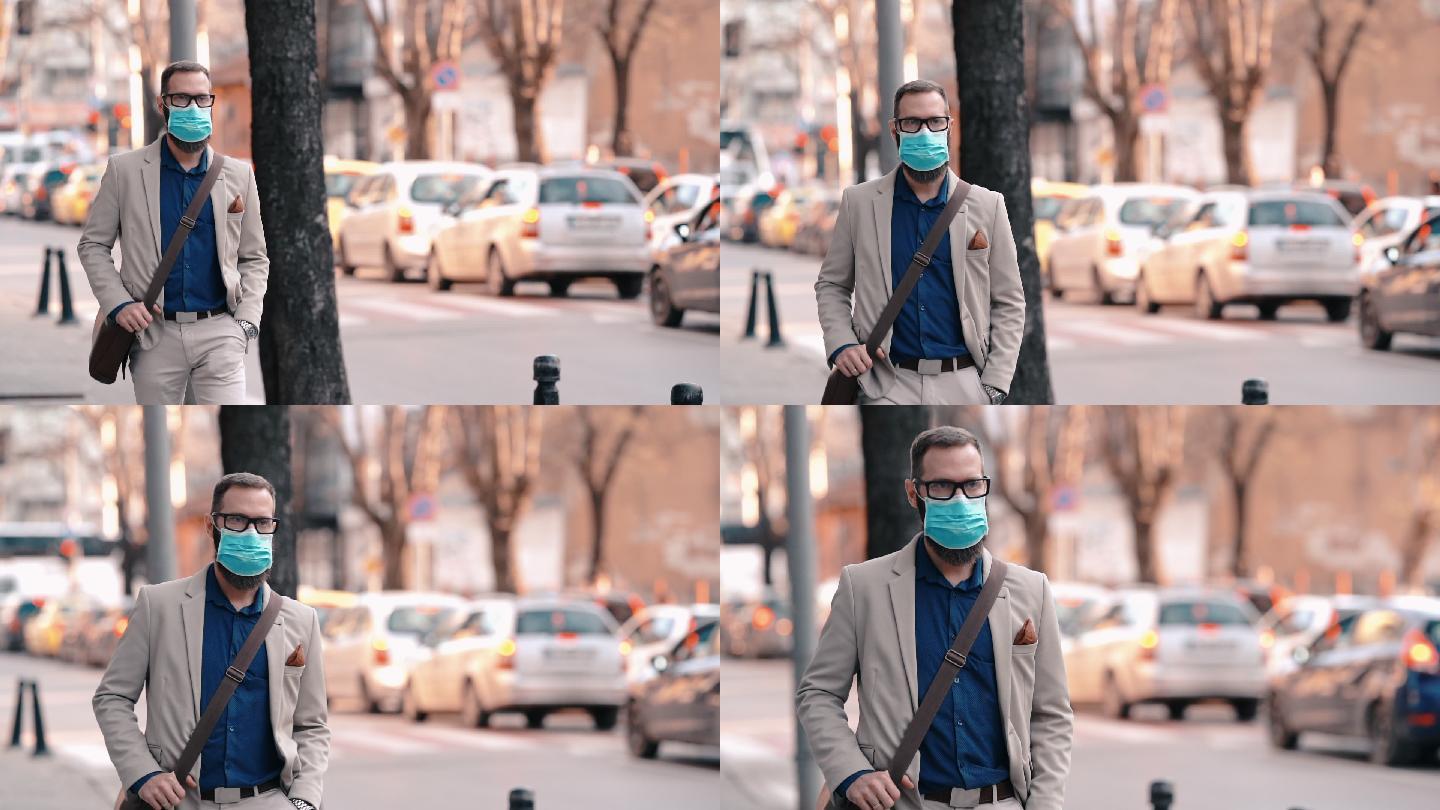 戴口罩的男子有毒物质面具污染耳机