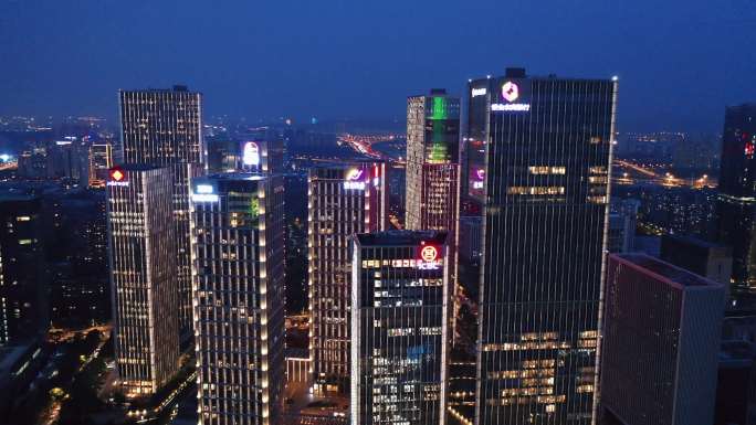 南京河西奥体金融城的夜景航拍风光