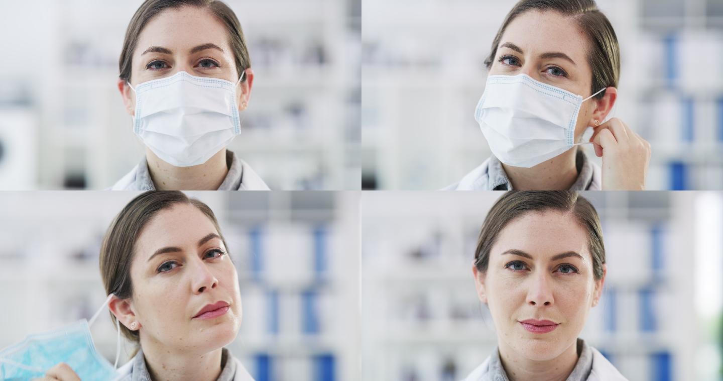一名自信的妇女在实验室里取下口罩和眼镜